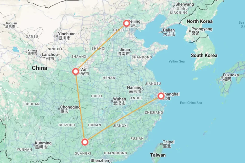 Beijing Xi'an Guilin Shanghai Tour Map