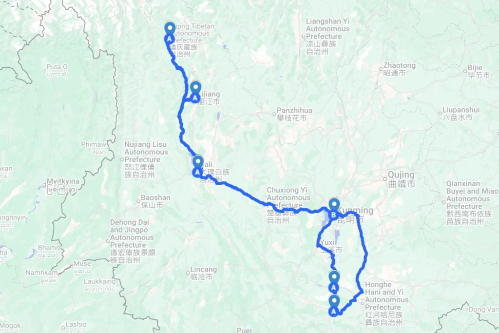Yunan 14 Day Route map