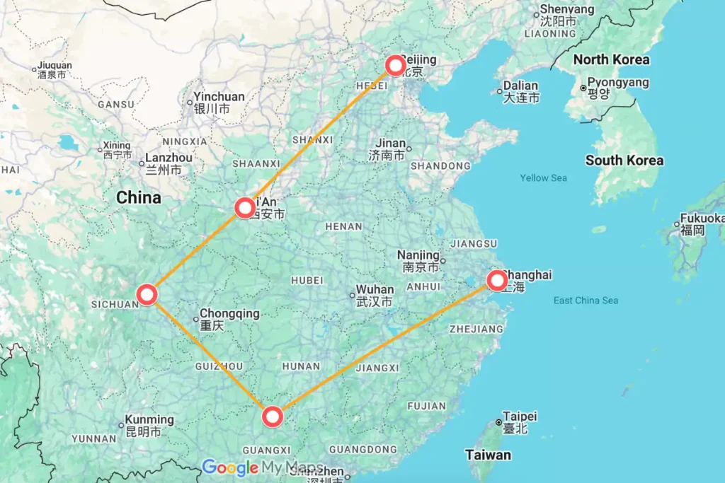 Beijing Xi'an Chengdu Guilin Shanghai Tour Map