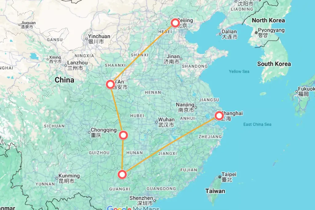 Beijing Xi'an Zhangjiajie Guilin Shanghai Tour Map