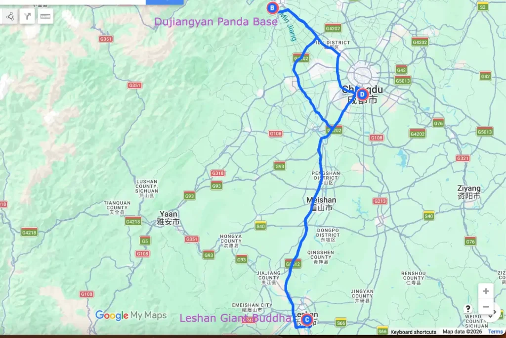 Chengdu Dujiangyan Panda Base Leshan Tour Map