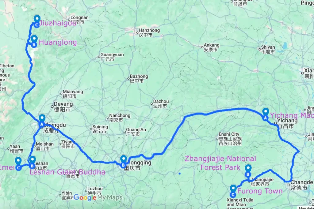 Chengdu Jiuzhaigou Chongqing Zhangjiajie Yangtze River Tour Map