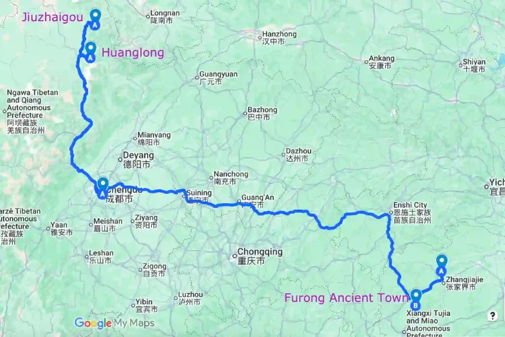 Chengdu Jiuzhaigou Zhangjiajie Tour Map