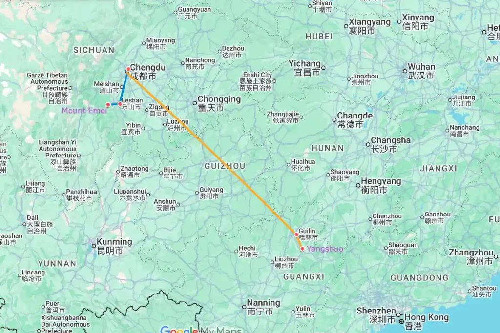 Chengdu Leshan Guilin Yangshuo Tour Map
