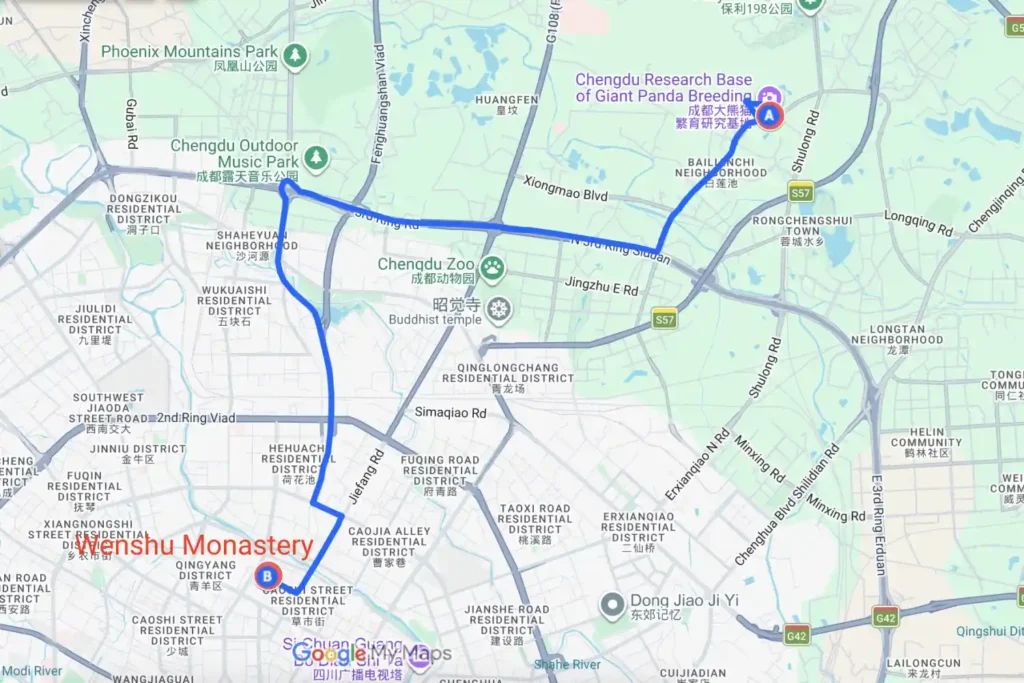 Chengdu Panda Base Wenshu Monastery tour Map