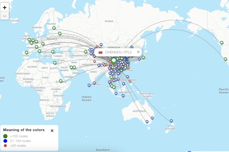 Chengdu TFU Flights Map