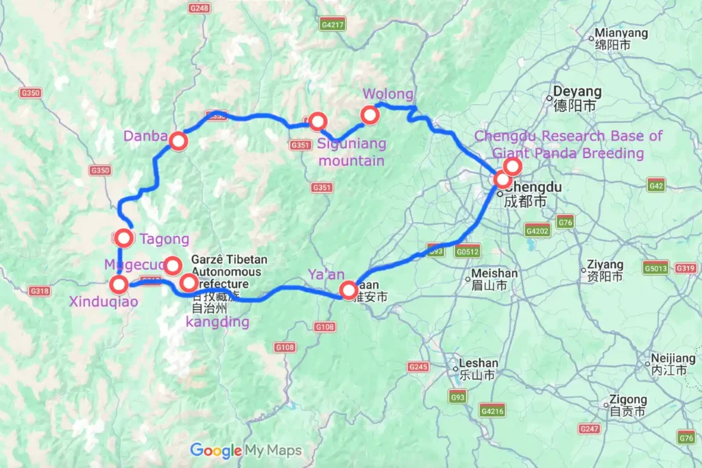 Chengdu Western Sichuan Loop Tour Map