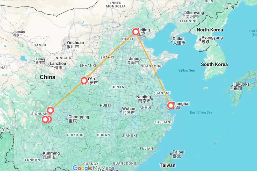 Chengdu Xi'an Beijing Shanghai Tour Map