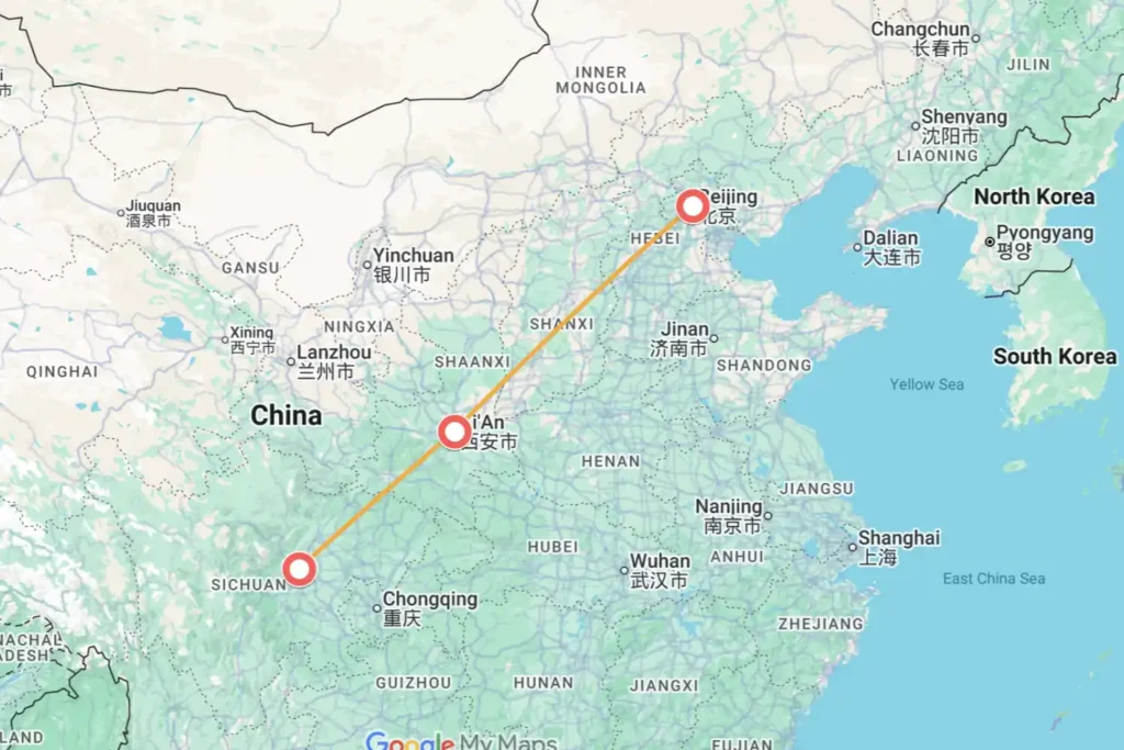 Chengdu Xi'an Beijing Tour Map