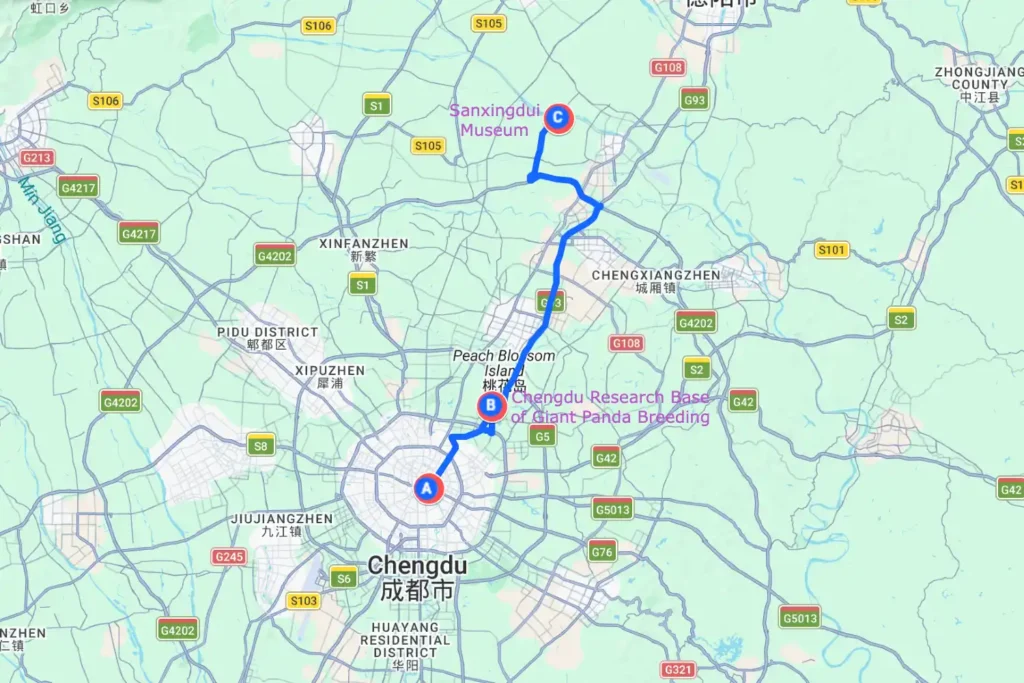 Chengdu Panda Base Sanxingdui Day Trip Map