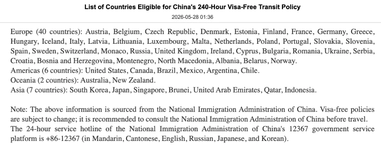 240-Hour Visa Free Countries and Regions 2026 May