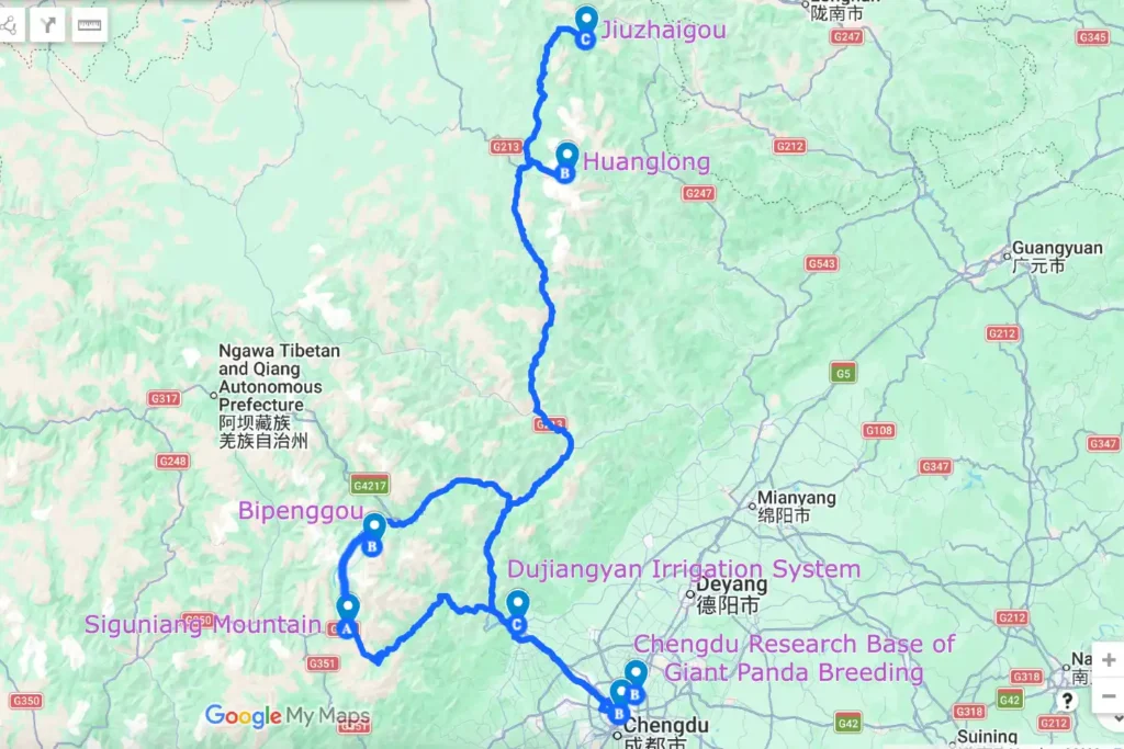 Chengdu Dujiangyan Jiuzhaigou Bipenggou Siguniang Tour Map