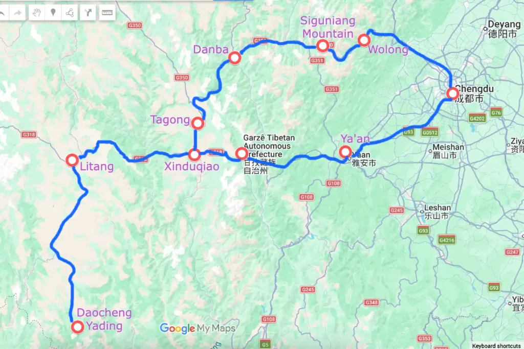 Western Sichuan Siguniang Daocheng Yading Tour Map
