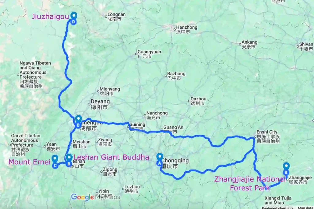 Chongqing Zhangjiajie Chengdu Jiuzhaigou Tour Map
