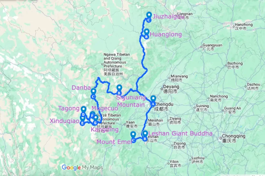 Sichuan Highlight Tour Map