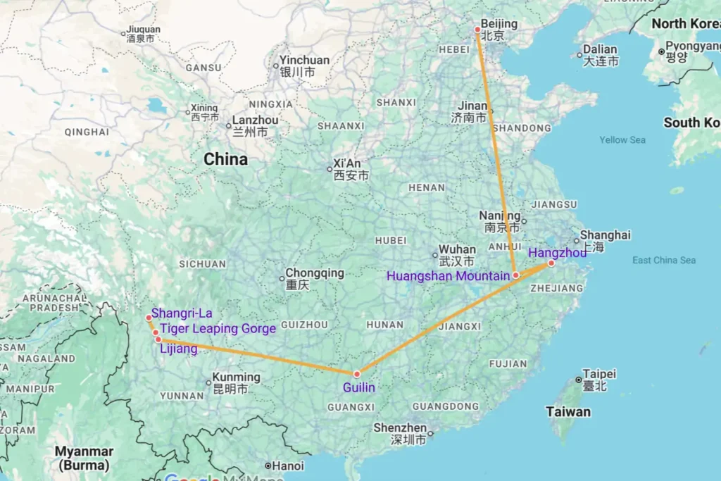 Beijing Huangshan Hangzhou Guilin Lijiang Hiking Tour Map