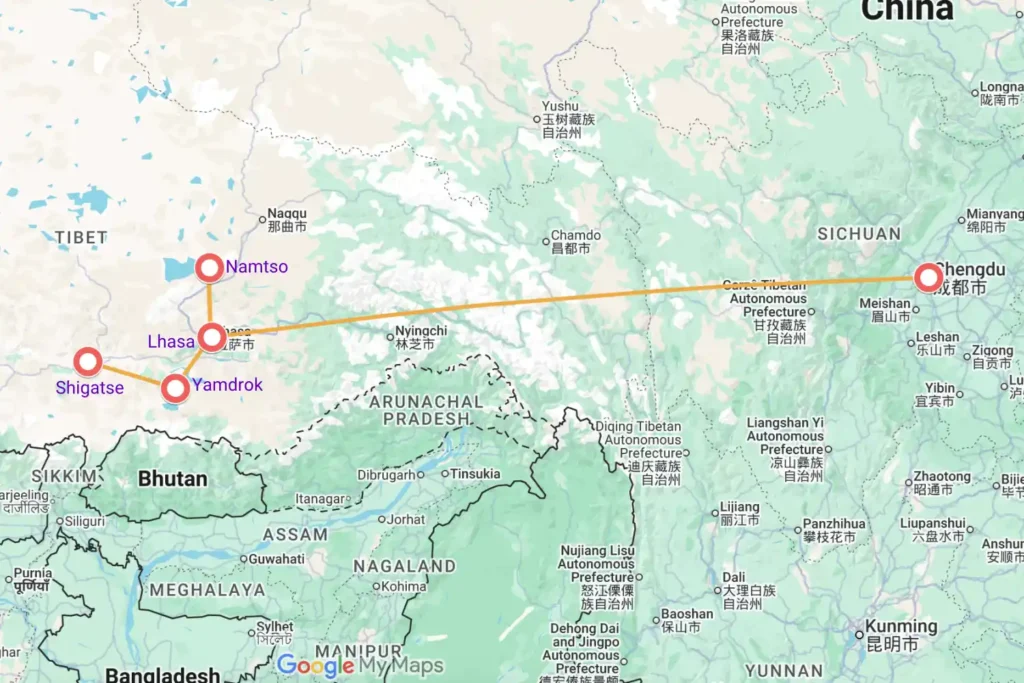 Chengdu Lhasa Train Tour Map