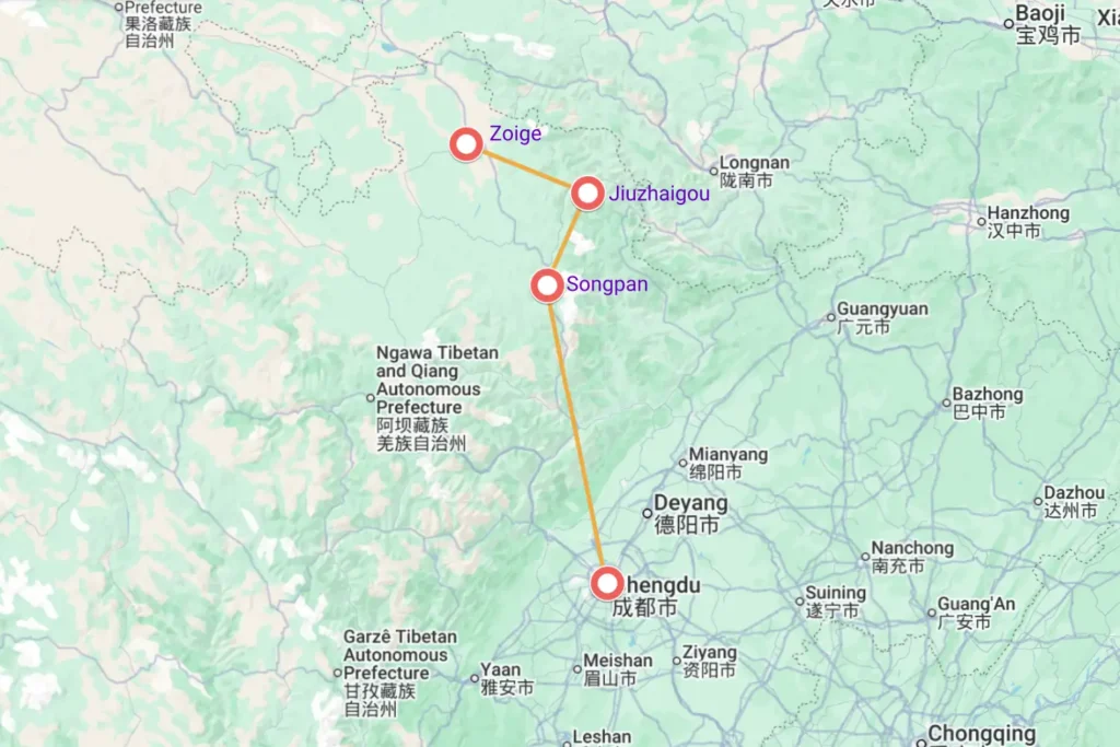 Chengdu Songpan Jiuzhaigou Zoige Tour Map