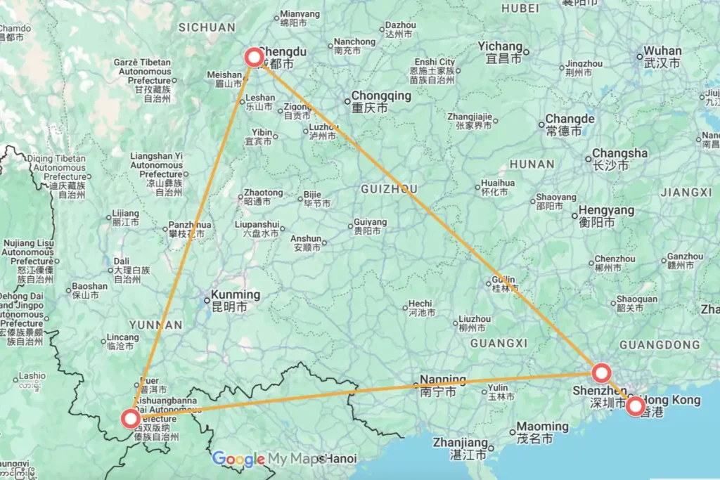 Hongkong Chengdu Xishuangbanna Guangzhou Tour Map